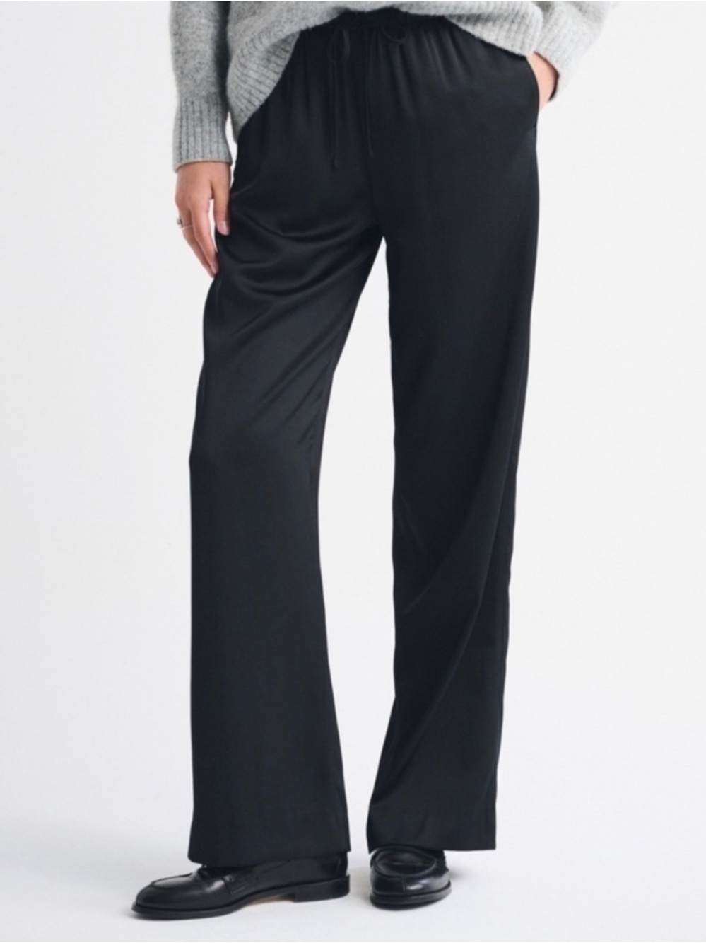 Abercrombie & Fitch Satin Wide-Leg Drawstring Pants - Black